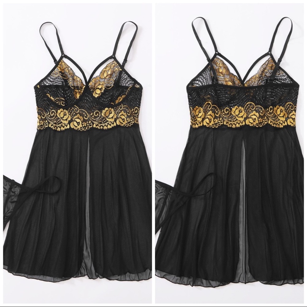 New Sexy Sheer Black & Gold Lace Babydoll Slips - Picture 2 of 4